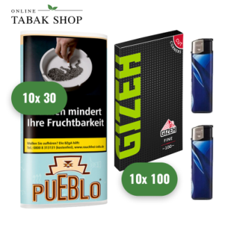 Pueblo Blue Tabak (10 x 30g) + GIZEH Black Fine Blättchen (10 x 100er) + 2 Feuerzeuge