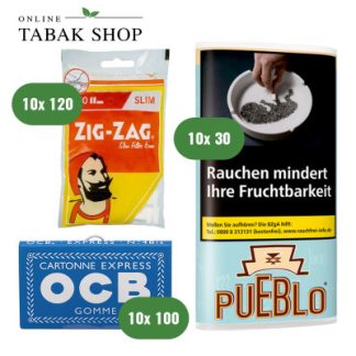 Pueblo Tabak (10x 30g), Sorte wählbar + OCB Blau Blättchen m. Gummizug (10x 100er) + Zig Zag Filter Tips (10x 120er) Beutel