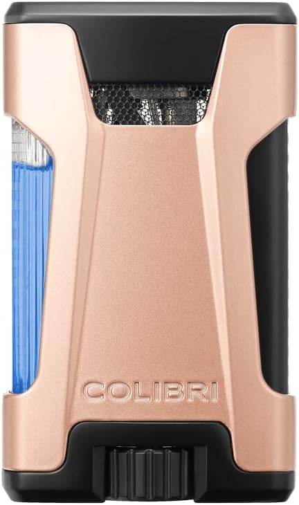 Colibri Rebel Double Jet Flame Butane Lighter, Windproof & Refillable, Cigar Enthusiast's Choice with Blue Fuel Window and Adjustable Flame (Matte Rose Gold + Black)