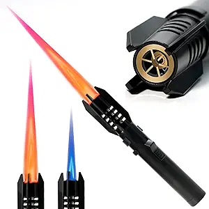 Camping Lighter, Torch Lighter, Straight Flame Bright Fire Refillable Windproof Adjustable Color with Safety Lock for Campfires Kitchen Hiking Candles Fireplace BBQ Outdoor Essentials (Black)